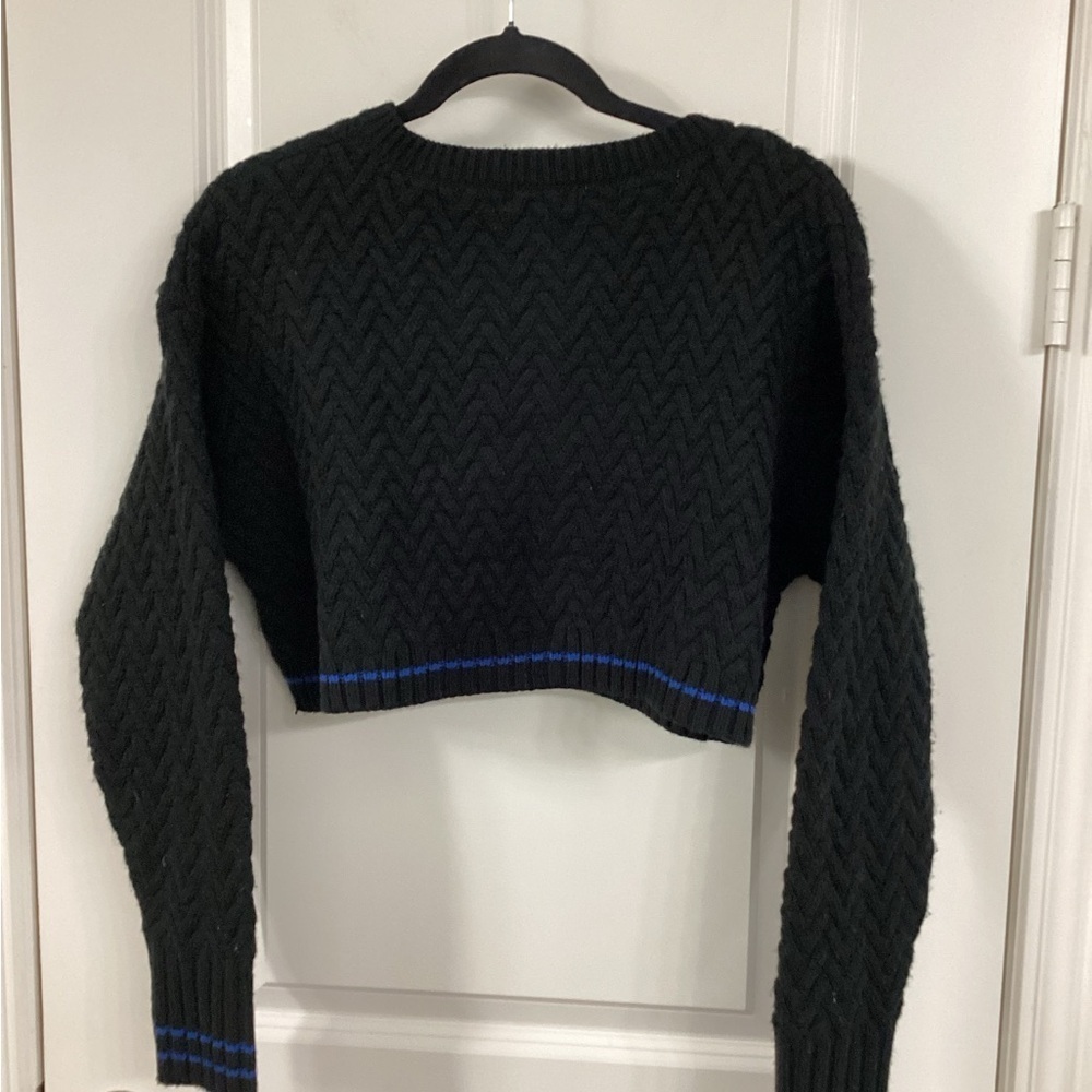 525 America Black Cropped Lattice Cable Tipped Cardi In Black Multi - Picture 6 of 8